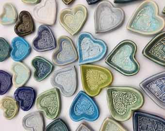 Variety Set of 10 Wedding Favors Ceramic Heart Ring Dishes: Blues and Greens