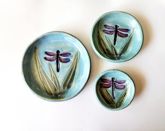 3 Piece Nesting Set of Dragonfly Side Dish Dinnerware Plates