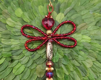 Dragonfly Ornament With Ruby Red Heart and Glass Beads