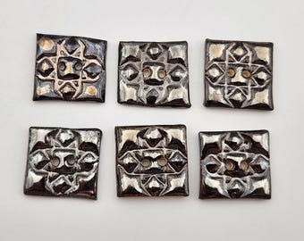 Set of 6 Quilt Square Buttons: Metallic Black Ceramic Buttons
