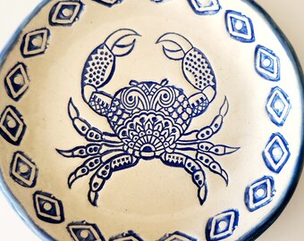 Blue Zentangle Crab  Salad Bowl Medium 6.5" Side Dish  Ceramic Dinnerware