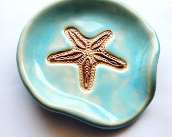 Aqua Blue Starfish Large Spoon Rest and Tea-Bag Holder. Handmade Nautical Beachy Pottery. Handcrafted Clay Dinnerware and Kitchen Decor.