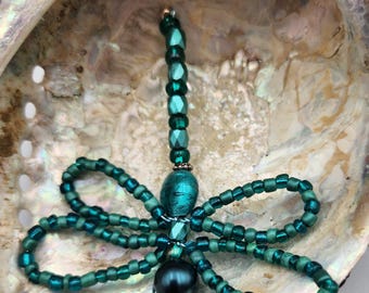 Moss Green Beaded  Dragonfly Ornament