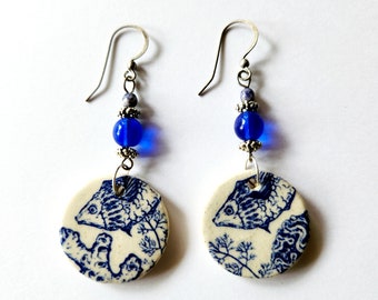 Ceramic  Porcelain Cobalt Blue Fish  French Hook Handmade Clay Beaded  Dangle Earrings