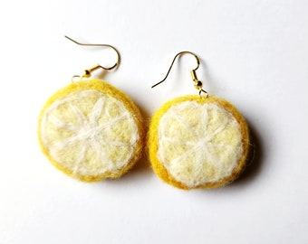 Needle Felted Wool Lemon Earrings With 18k Gold Plated French Hooks