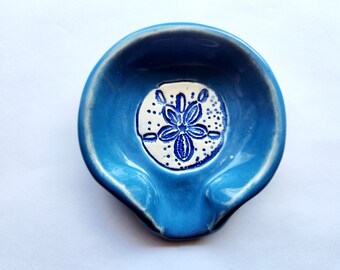 Handmade Blue Sanddollar  Small Spoon rest Tea Bag Holder Ceramic Dish. Nautical Handcrafted Pottery.  Round Clay Dinnerware.