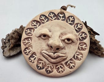 Hand-sculpted Ceramic Sunface Wall Hanging, Earthy Iron Oxide Glaze, Wooden Bead Accent