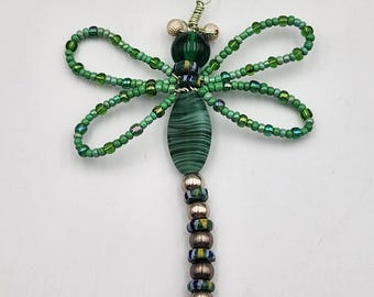 Swamp Green Beaded  Dragonfly Ornament
