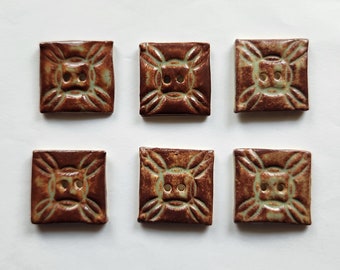 Set of 6 Quilt Square Buttons: Nutmeg and Green Tea Glazed Ceramic Buttons
