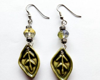 Ceramic Green Leaf French Hook Handmade Clay Beaded  Dangle Earrings