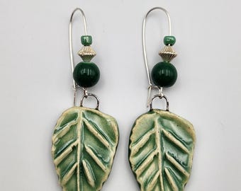 Green Leaf  Ceramic Dangle Earrings
