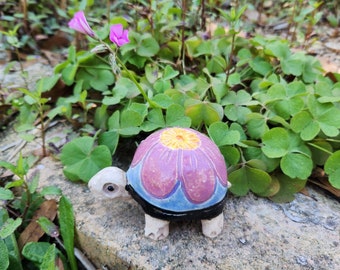 Ceramic Pink  Flower Turtle Garden Sculpture