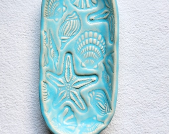 Shell Textured Turquoise Blue Ceramic Butter Serving Dish