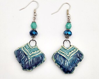 Aqua and Turquoise Fringe Ceramic Dangle Earrings