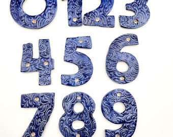 Ceramic House Numbers: Cobalt Blue Glaze Paisley  Pattern Texture