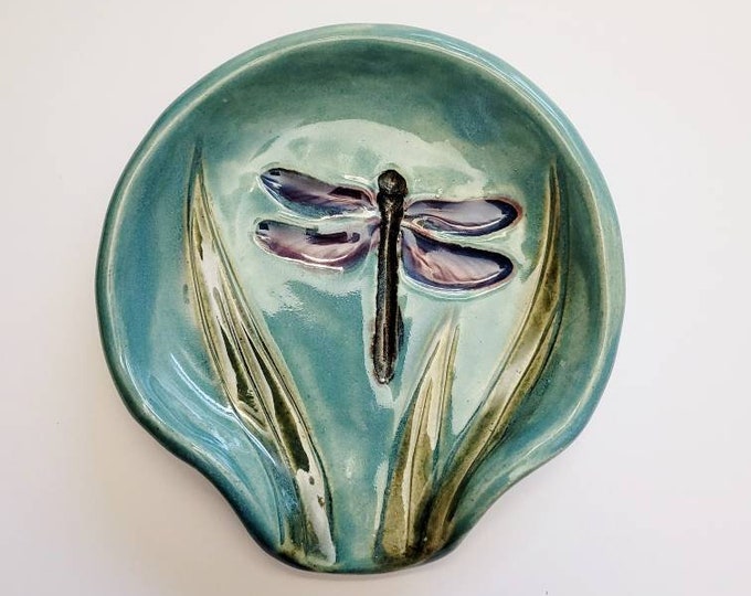 Featured listing image: Large Blue Dragonfly Ceramic Spoonrest and Tea-Bag Holder. Handmade Garden and Insect Pottery Dinnerware and Home Decor.
