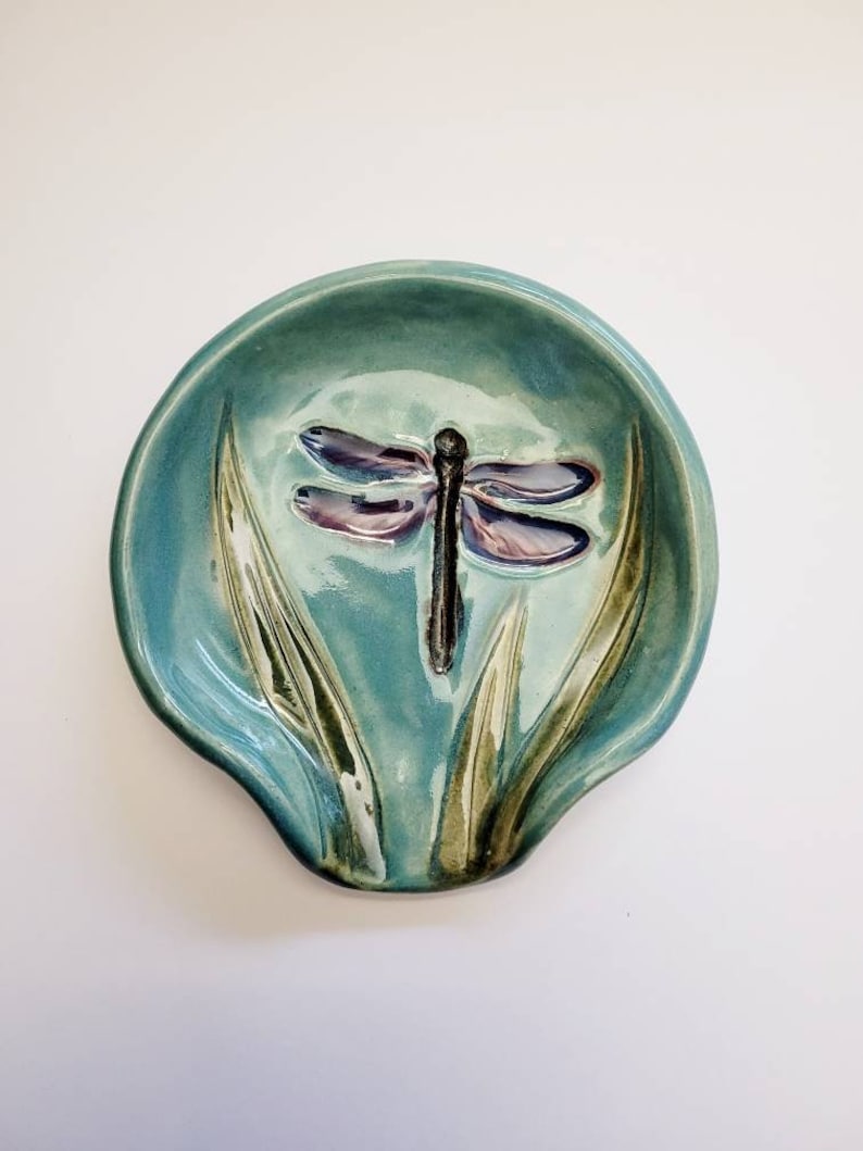 Large Blue Dragonfly Ceramic Spoonrest and Tea-Bag Holder. Handmade Garden and Insect Pottery Dinnerware and Home Decor. image 1