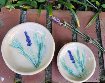 Lavender  Herb 2 Piece Side Plate and Small Bowl Set Ceramic  Dinnerware