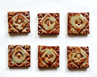 Set of 6 Quilt Square Buttons: Geometric Green Tea and Nutmeg Brown Ceramic Buttons