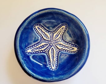 Handmade Blue Starfish Ceramic Dish. Nautical Handcrafted Pottery. Sea Star Round Clay Dinnerware.