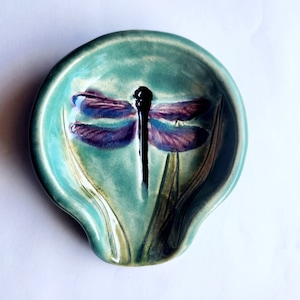 Dragonfly Small Spoon rest Tea Bag Holder Ceramic Dish.  Handcrafted Pottery Clay Dinnerware.