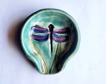 Dragonfly Small Spoon rest Tea Bag Holder Ceramic Dish.  Handcrafted Pottery Clay Dinnerware.