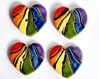 Set of Four Rainbow Stripe Ceramic Heart Buttons