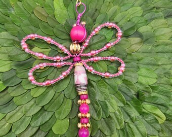 Pink Beaded  Dragonfly Ornament