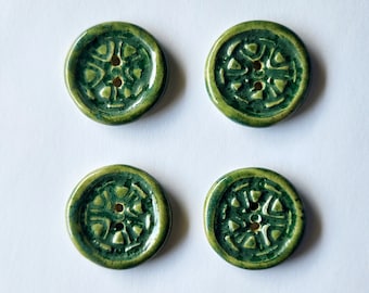 Set of 4 Ceramic Seaweed Green Mandala  Buttons