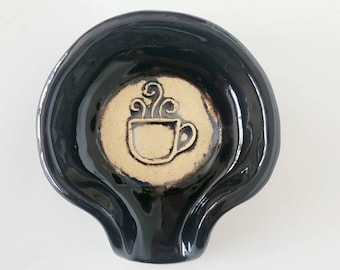 Black Coffee and Tea Themed Ceramic Spoonrest. Handmade Clay Tea-Bag Holder. Handcrafted Pottery Dinnerware.