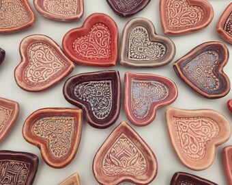 Variety Set of 10 Wedding Favors Ceramic Heart Ring Dishes: Reds, Pinks, and Purples