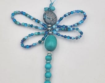 Ocean Blues Beaded  Dragonfly Ornament