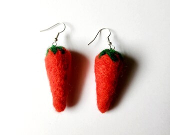 Needle Felted Wool Red Cayenne Pepper Earrings With Silver Plated French Hooks