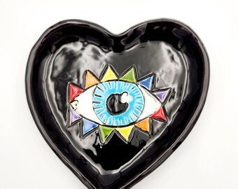 Rainbow Pride Eyeball Ceramic Handmade Clay Heart Plate