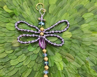 Purple Passion Flower Beaded  Dragonfly Ornament