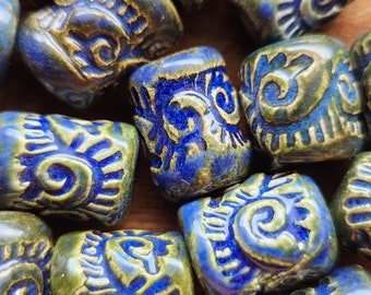 Cobalt Blues Wave Textured Barrel Beads 10 piece set