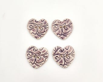 Set of Four Textured  Lavender Ceramic Heart Buttons