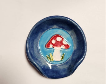 Cute Aminita Mushroom Coffee and Tea Themed Ceramic Spoonrest. Handmade Clay Tea-Bag Holder. Handcrafted Pottery Dinnerware.