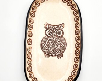 Modern Zentangle Owl Oblong Oval Handmade Pottery Dish.  Handcrafted Clay Dinnerware and Kitchen Decor.