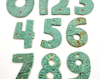 Ceramic House Numbers: Antique Copper Green Patina Glaze With  Pattern Texture