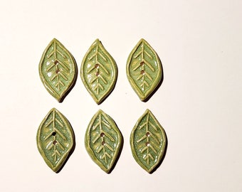 Set of 6 Bright Spring Green Ceramic Leaf Buttons