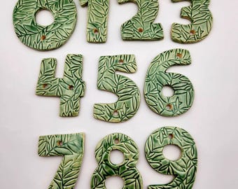 Ceramic House Numbers: Green Glaze leafy  Pattern Texture