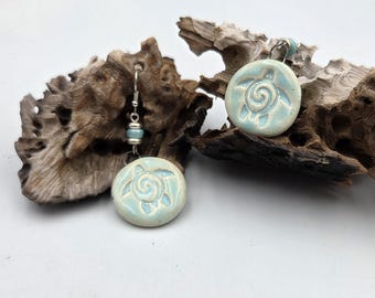 Aqua Sea Turtle  Ceramic Dangle Earrings