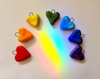 Set of Seven Rainbow Ceramic Heart Pendants for DIY Jewelry making