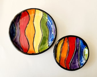 Rainbow Stripe 2 Piece 6" and 5" Nesting Side Dish Ceramic  Dinnerware Set