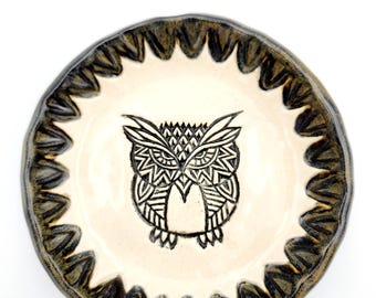 Modern Zentangle Owl Side dish Handmade Pottery. Handcrafted Clay Dinnerware and Kitchen Decor.
