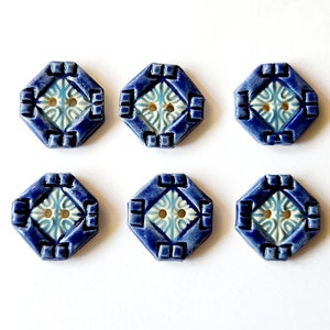Cobalt Blue Ceramic Button Set of 6 Quilt Square Inspired Buttons for Jewelry and Sewing