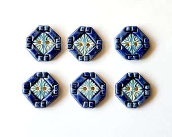 Cobalt Blue Ceramic Button Set of 6 Quilt Square Inspired Buttons for Jewelry and Sewing