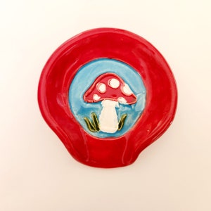 Cute Aminita Mushroom Coffee and Tea Themed Ceramic Spoonrest. Handmade Clay Tea-Bag Holder. Handcrafted Pottery Dinnerware.