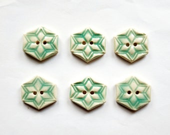 Set of 6 Icy Aqua blue green  quilt inspired ceramic buttons